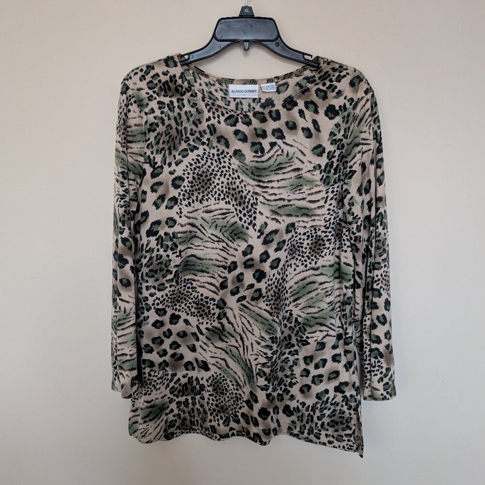 Alfred Dunner Beige, Black and Green Animal Print Long Sleeve Top